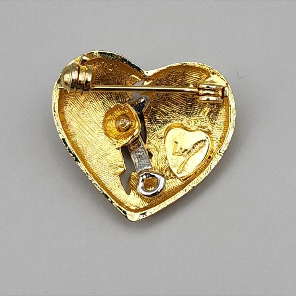 Gold Textured Separated Two Half Broken Heart Brooch With Silver Cross 1